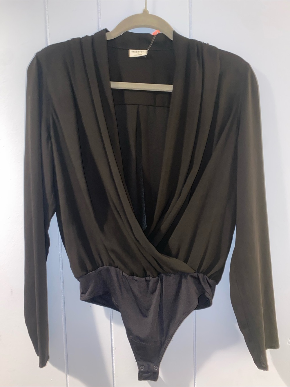 Babaton Black Wrap-Front Long-Sleeve Bodysuit